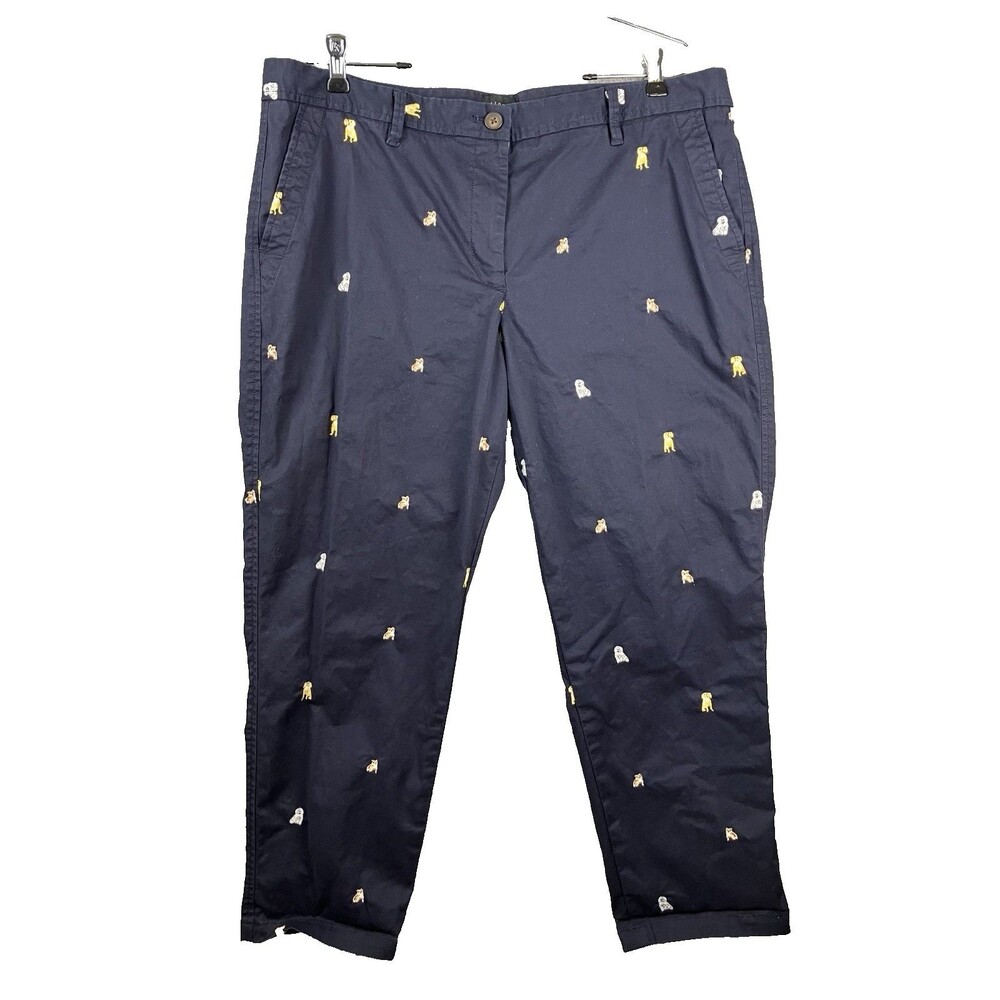 Talbots Relaxed Chino Cropped Capri Pant 14P Navy with Embroidered Dogs Preppy